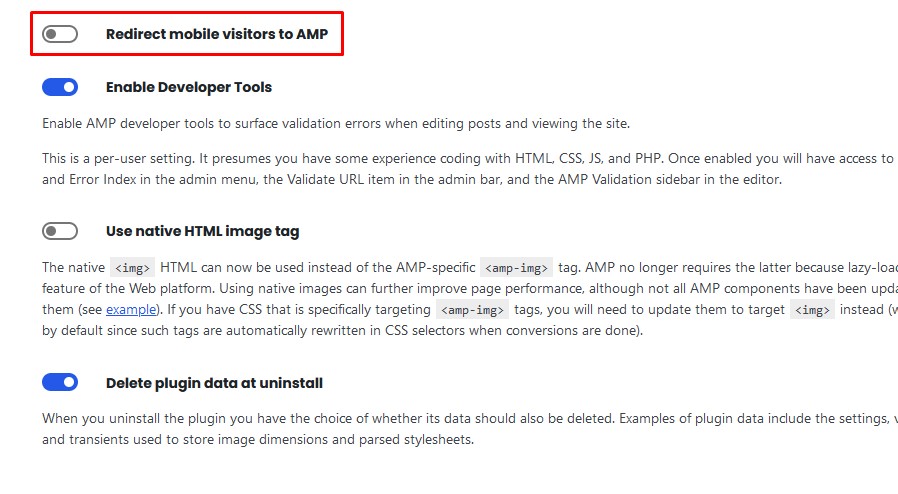 Screenshot pengaturan redirect mobile visitor to AMP pada Dashboard -> AMP -> Settings