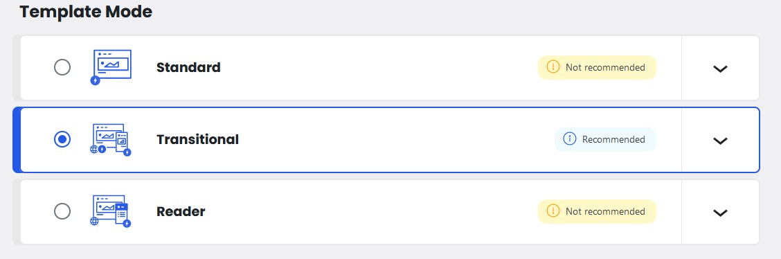 Screenshot pengaturan mode Transitional pada Dashboard -> AMP -> Settings