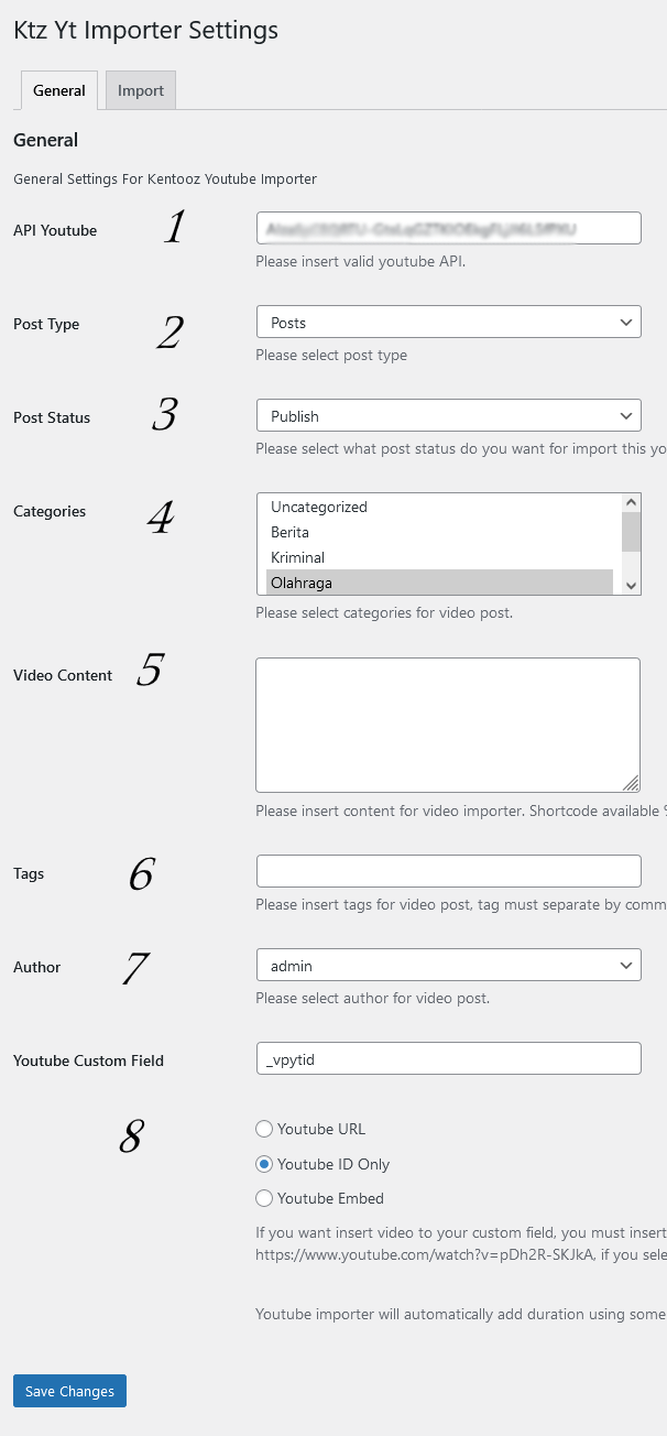 Kyz YouTube Importer Settings